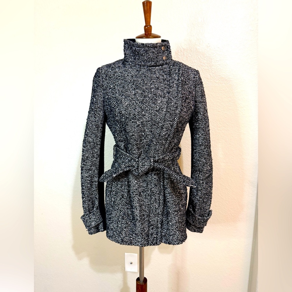 Express Black and White Wool Blend Tweed Belted Coat